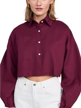 Selfi Cropped Button-Front Shirt in Burgundy